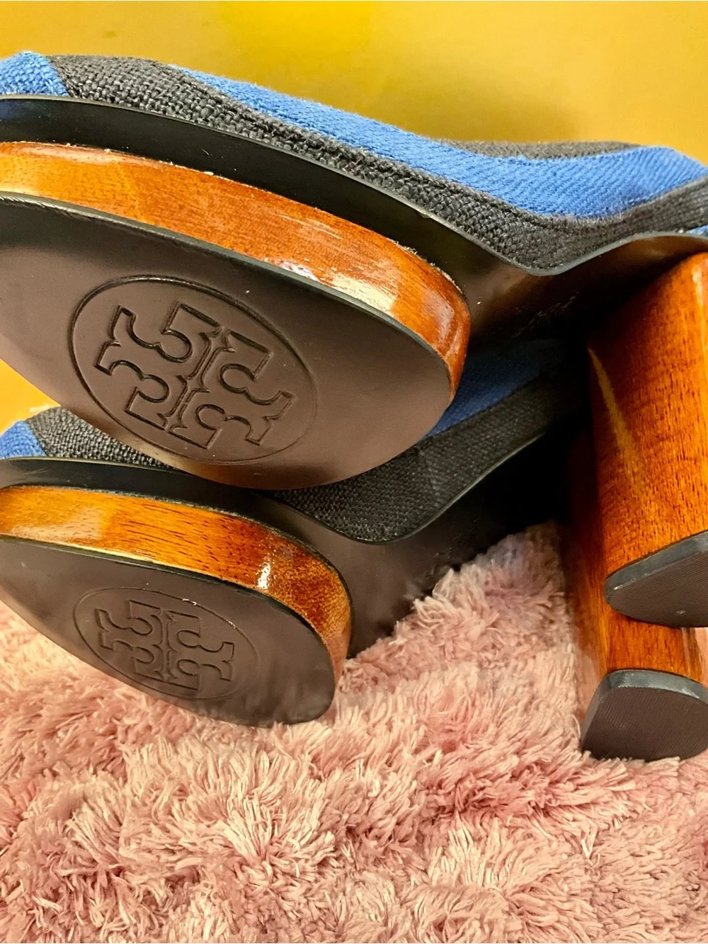 Tory Burch Blue and Black Striped Platform Pumps